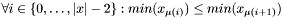 $ \forall i\in \{0, \dots, |x|-2\}: min(x_{\mu(i)}) \leq min(x_{\mu(i+1)})$