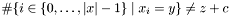 $\#\{i\in\{0,\ldots,|x|-1\}\;|\;x_i=y\}\neq z+c$