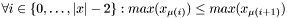 $ \forall i\in \{0, \dots, |x|-2\}: max(x_{\mu(i)}) \leq max(x_{\mu(i+1)})$