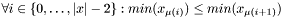 $ \forall i\in \{0, \dots, |x|-2\}: min(x_{\mu(i)}) \leq min(x_{\mu(i+1)})$