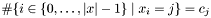 $\#\{i\in\{0,\ldots,|x|-1\}\;|\;x_i=j\}=c_j$